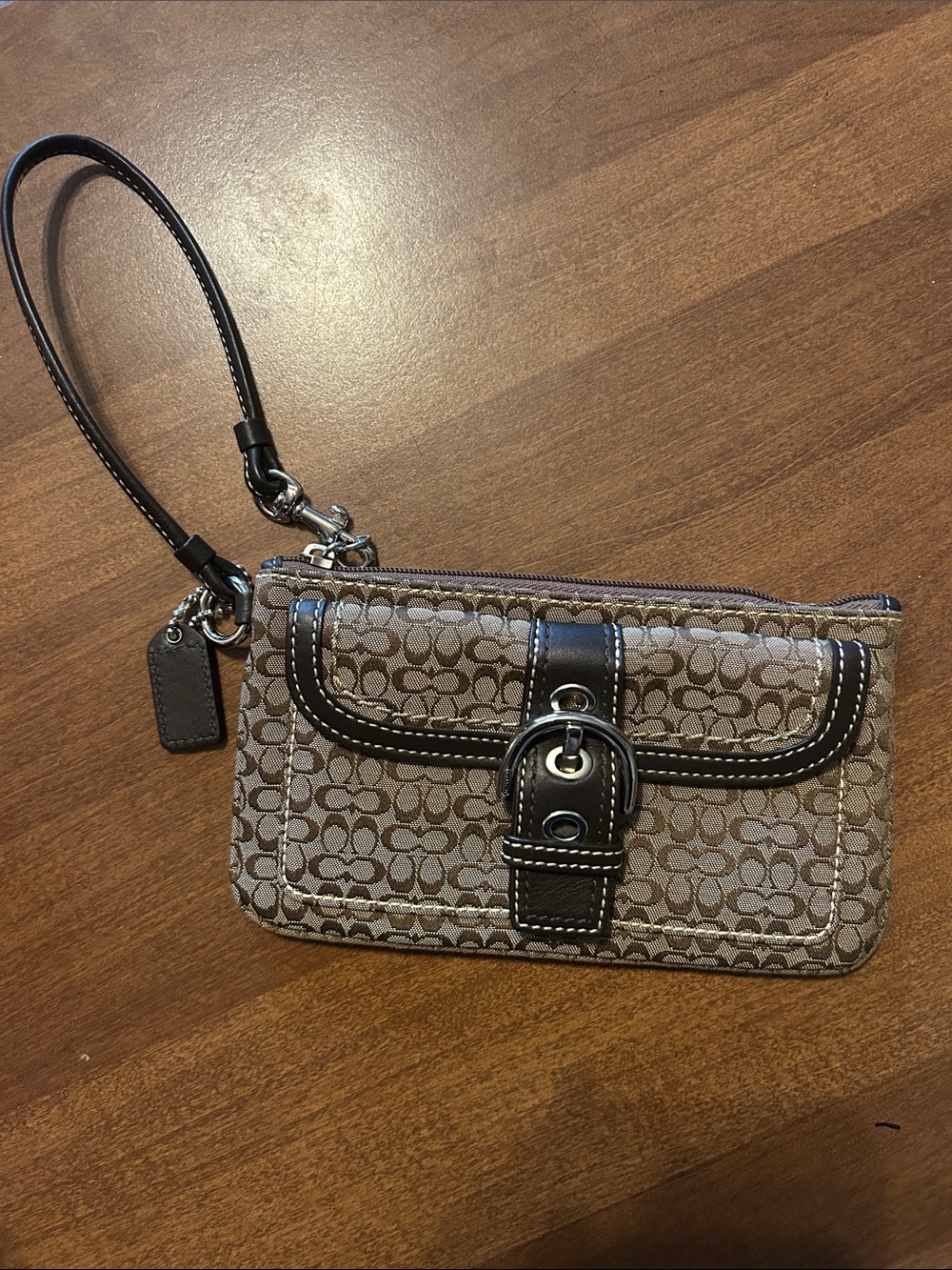 Coach Brown Signature Canvas Wristlet with Dark Trim - Picture 1 of 5